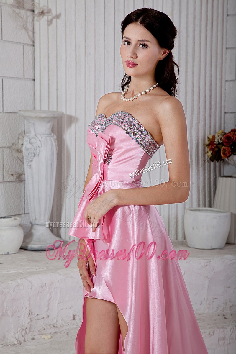 Bowknot and Beading Accent on High-low Prom Dresses with Court Train in Rose Pink