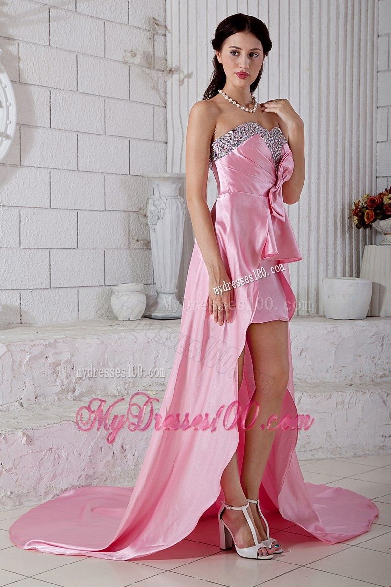Bowknot and Beading Accent on High-low Prom Dresses with Court Train in Rose Pink