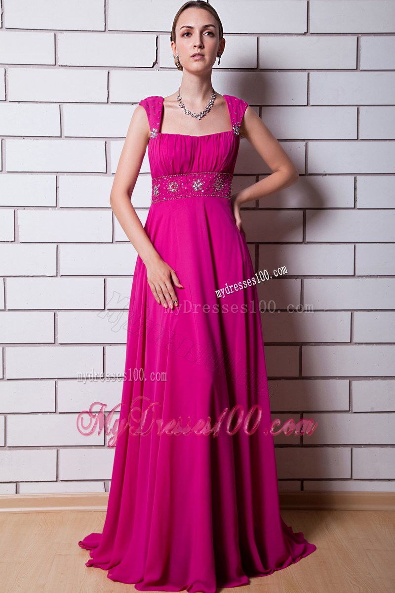 Square Straps Ruched and Beaded Brush Train Empire Prom Gown in Hot Pink