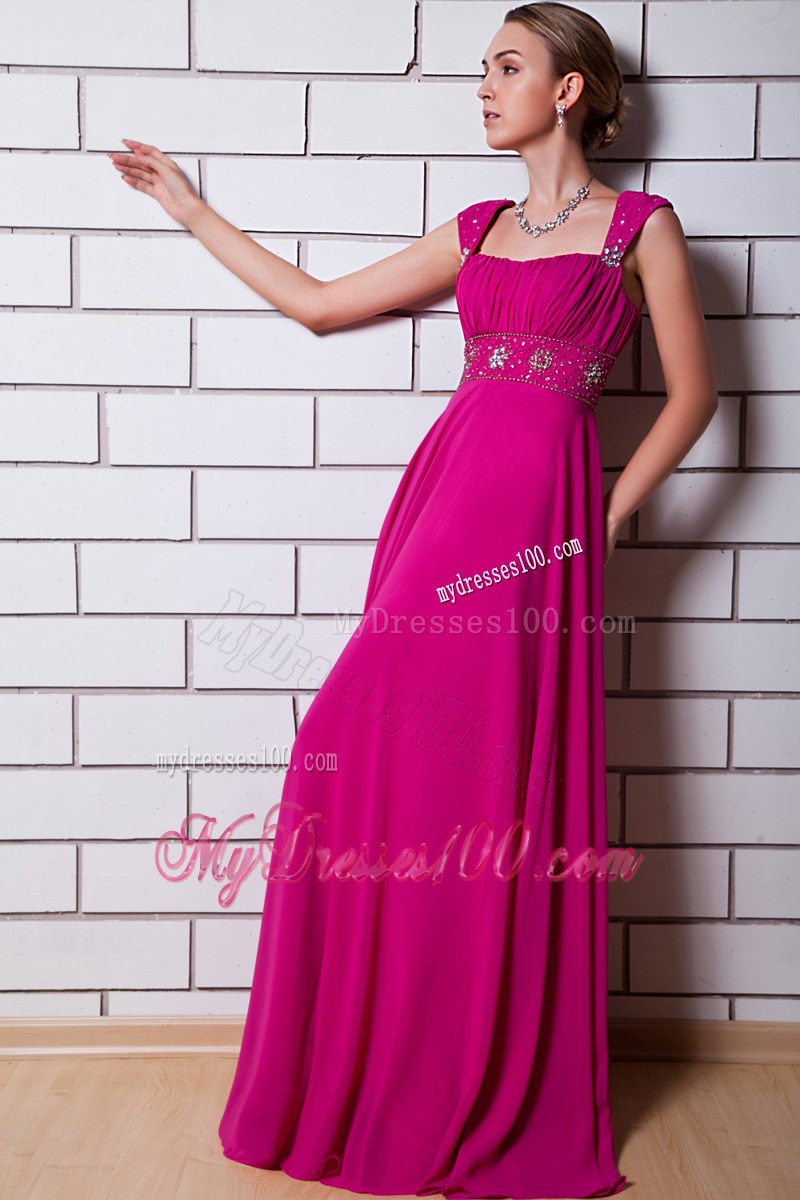 Square Straps Ruched and Beaded Brush Train Empire Prom Gown in Hot Pink