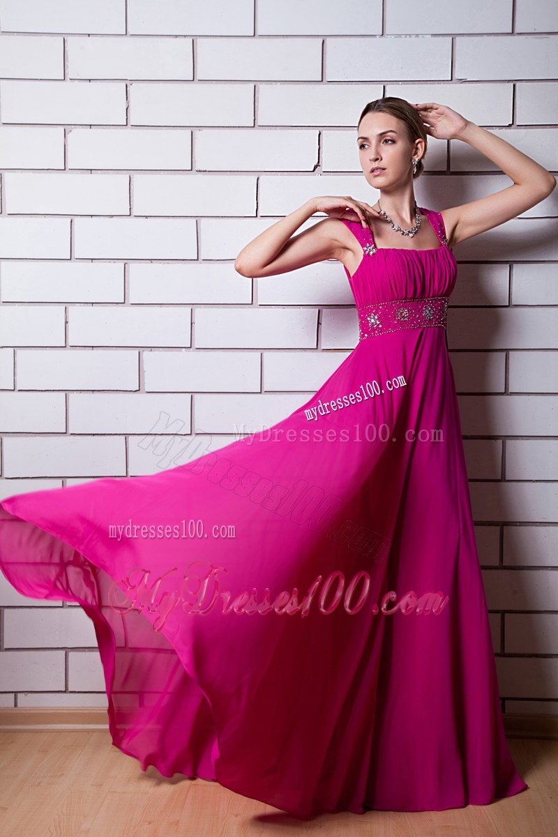 Square Straps Ruched and Beaded Brush Train Empire Prom Gown in Hot Pink
