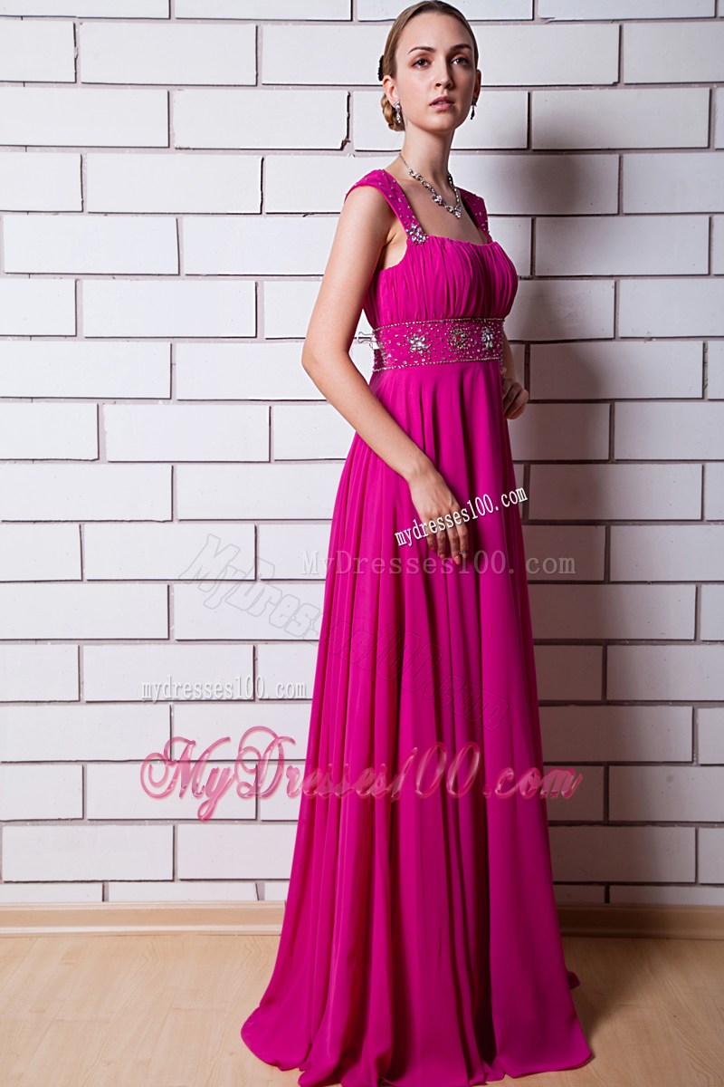 Square Straps Ruched and Beaded Brush Train Empire Prom Gown in Hot Pink