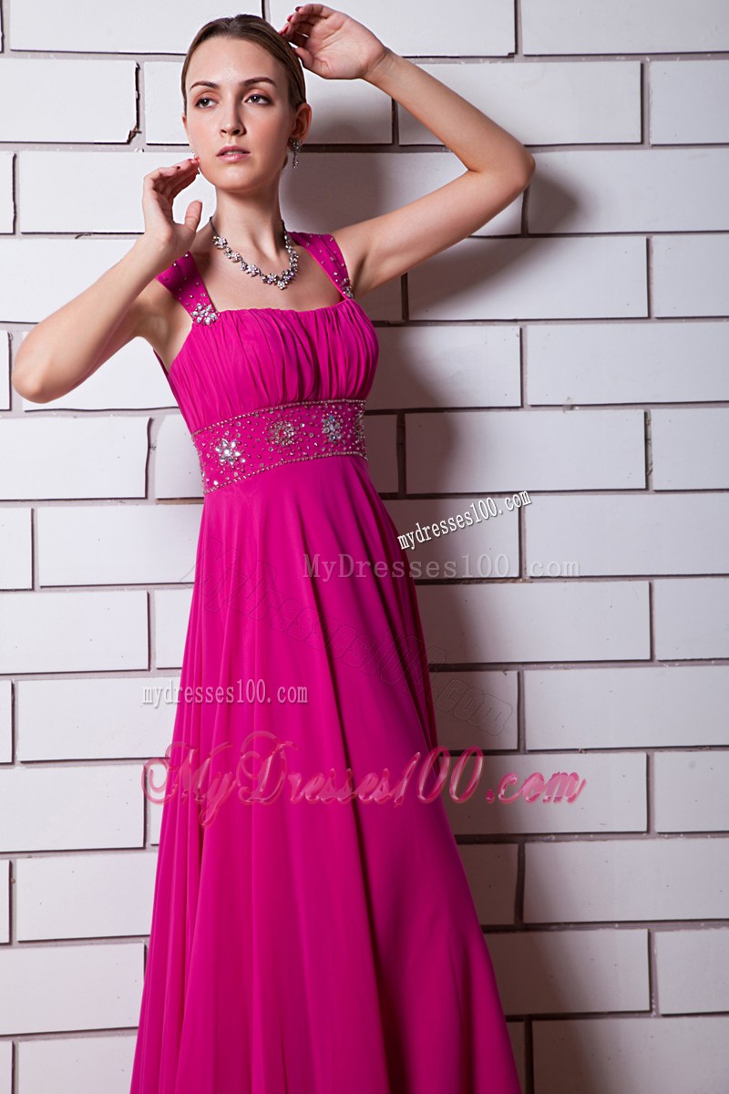 Square Straps Ruched and Beaded Brush Train Empire Prom Gown in Hot Pink