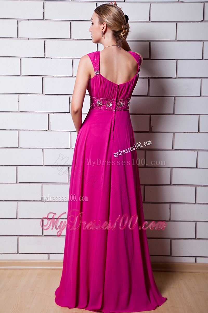 Square Straps Ruched and Beaded Brush Train Empire Prom Gown in Hot Pink