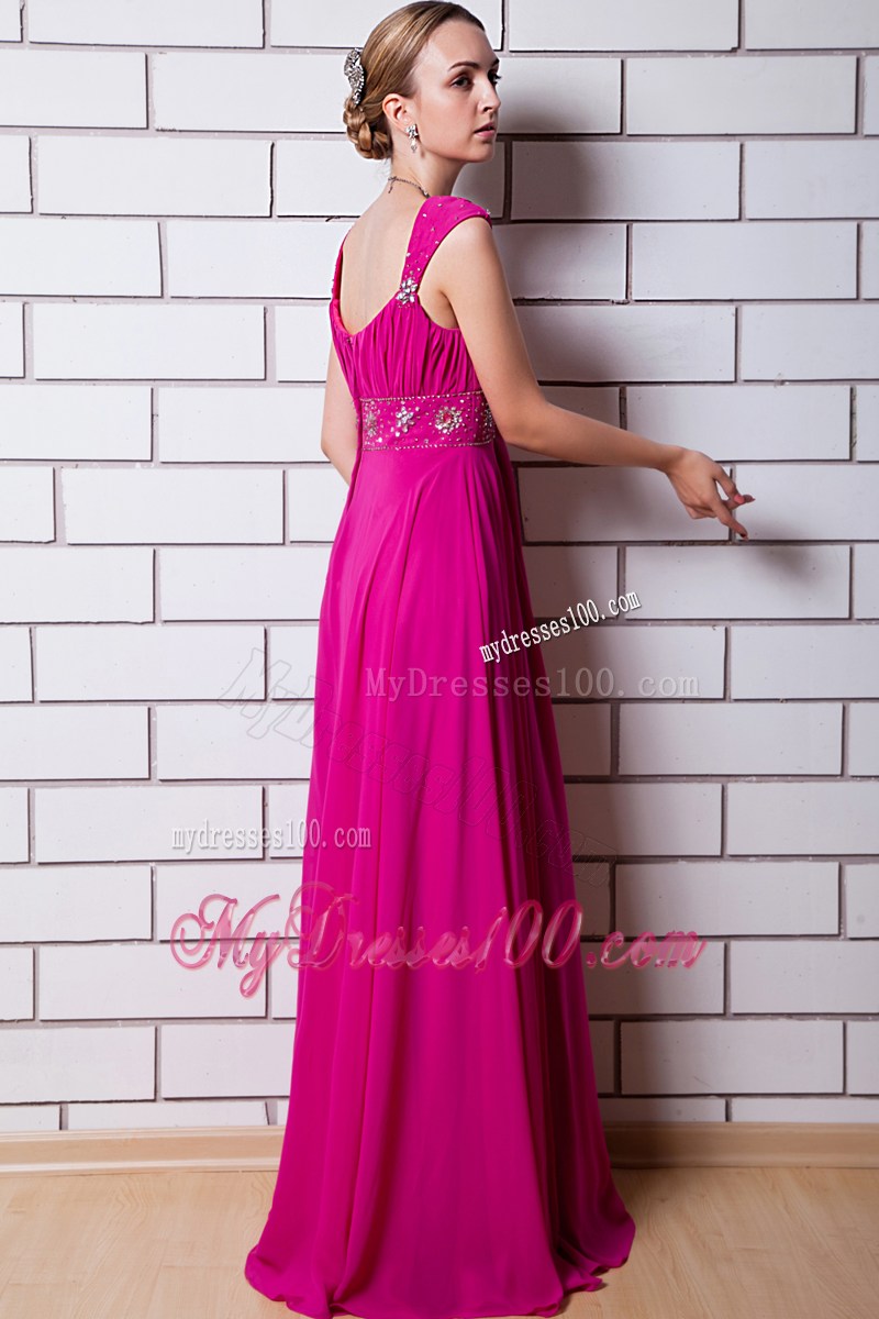 Square Straps Ruched and Beaded Brush Train Empire Prom Gown in Hot Pink