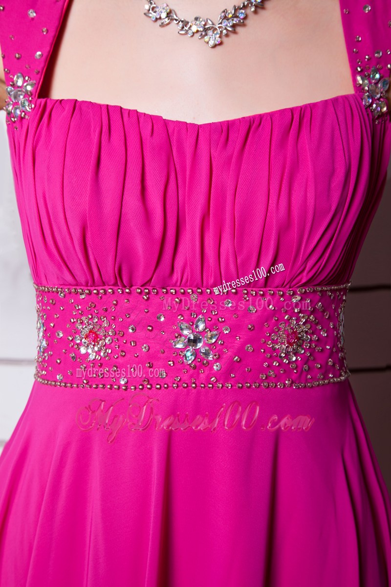 Square Straps Ruched and Beaded Brush Train Empire Prom Gown in Hot Pink
