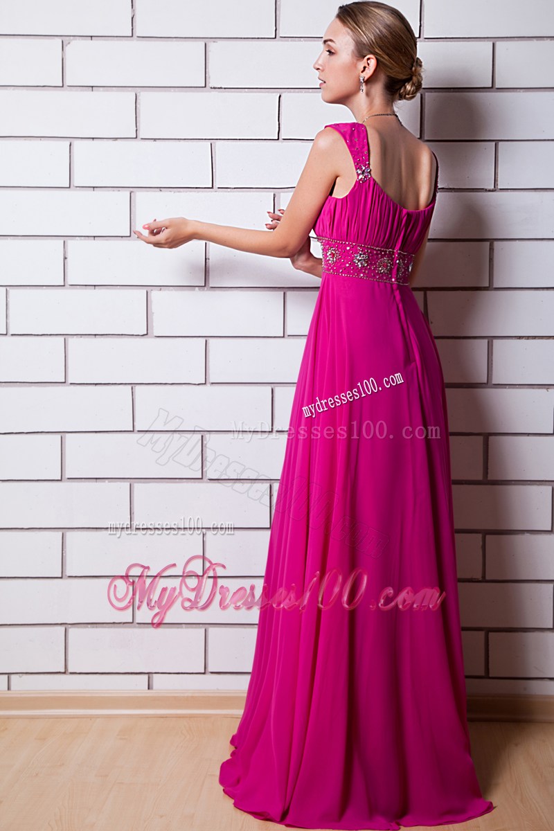 Square Straps Ruched and Beaded Brush Train Empire Prom Gown in Hot Pink