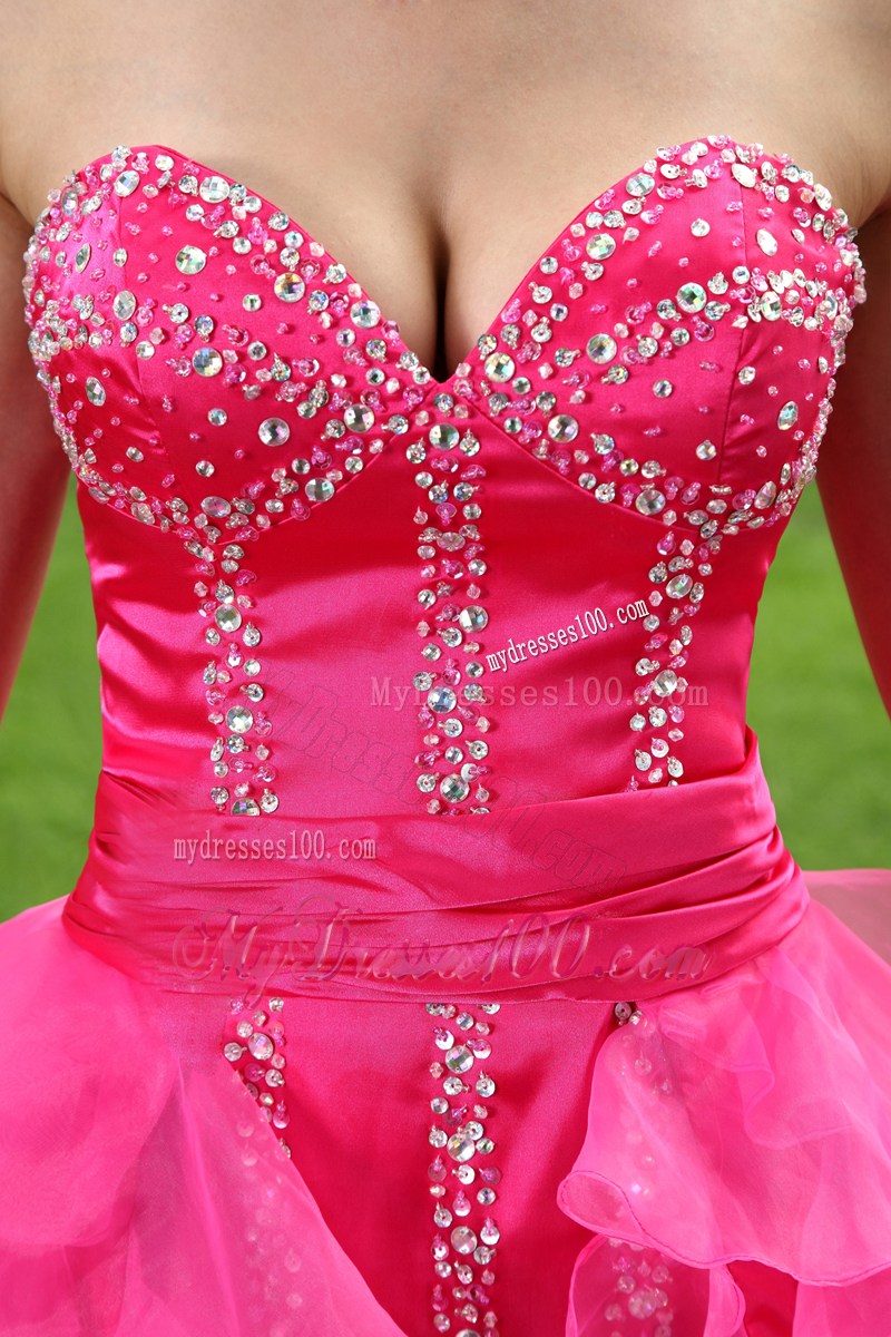 Beading and Ruffles Accent Hot Pink Prom Gown with Front Short Back Long