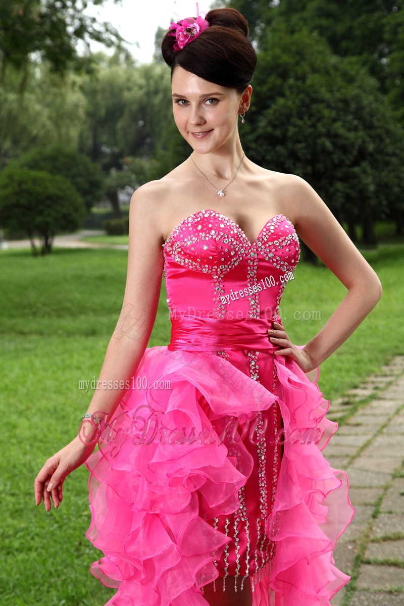 Beading and Ruffles Accent Hot Pink Prom Gown with Front Short Back Long