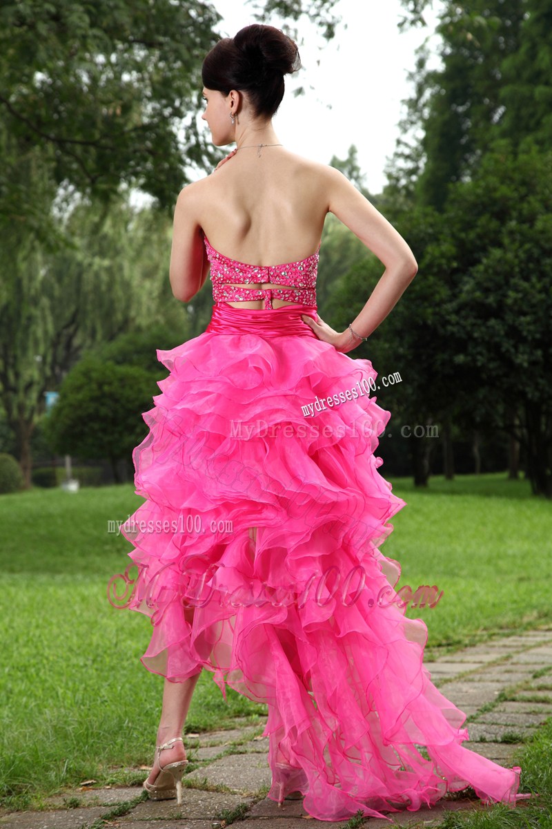 Beading and Ruffles Accent Hot Pink Prom Gown with Front Short Back Long