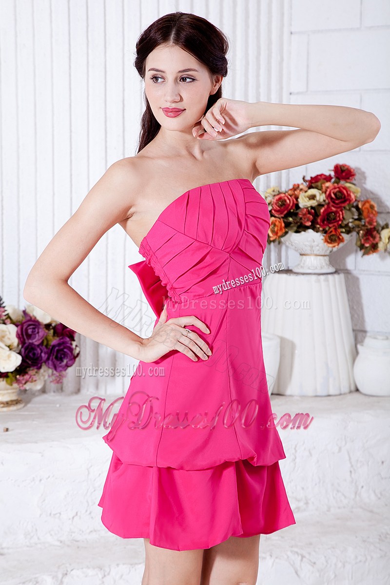 Ruches and Layers Hot Pink Mini-length Prom Dress with Bowknot Accent Back