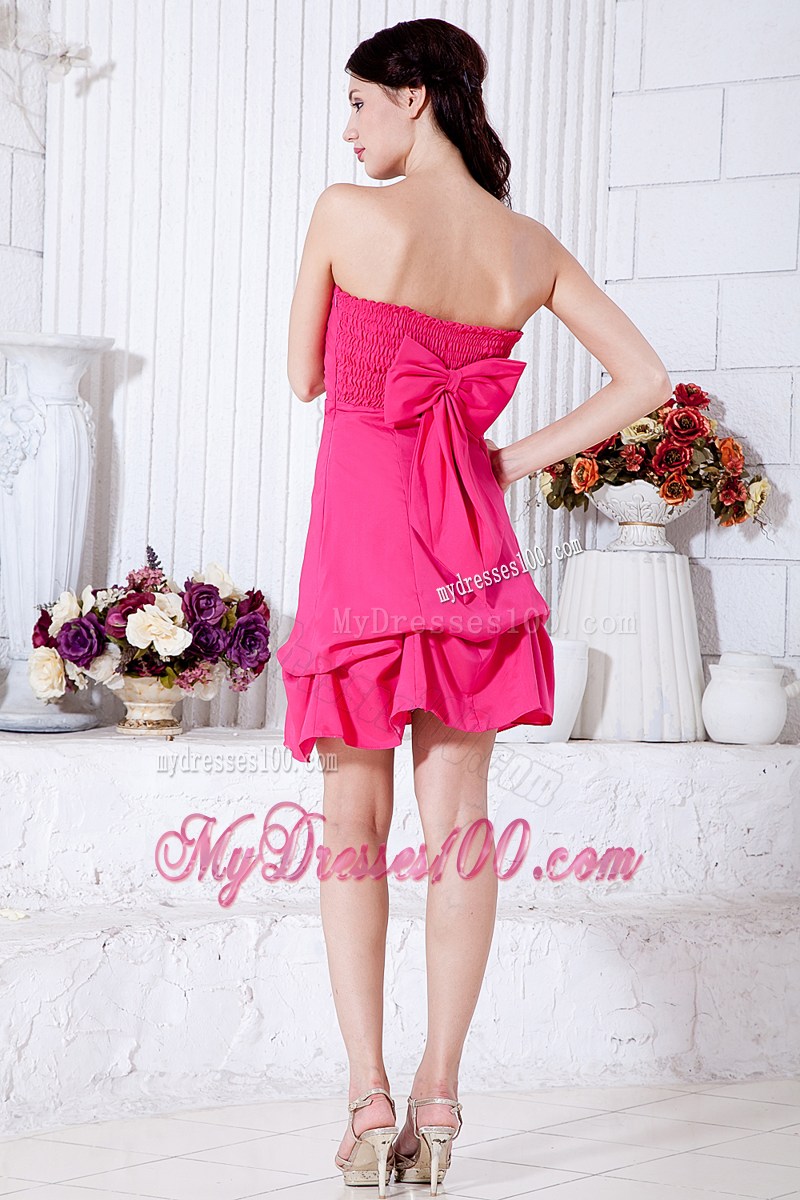 Ruches and Layers Hot Pink Mini-length Prom Dress with Bowknot Accent Back