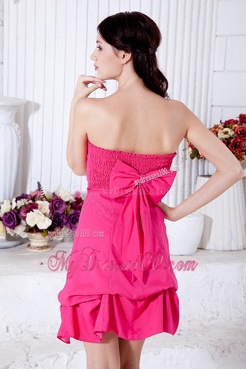 Ruches and Layers Hot Pink Mini-length Prom Dress with Bowknot Accent Back
