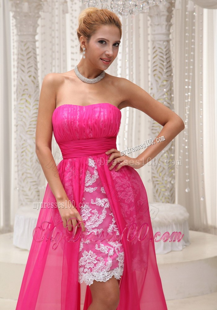 Hot Pink High-low Chiffon Dresses for Prom with Ruches and Appliques