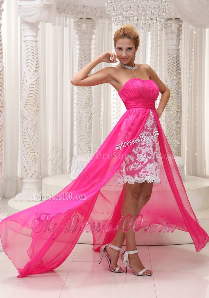 Hot Pink High-low Chiffon Dresses for Prom with Ruches and Appliques