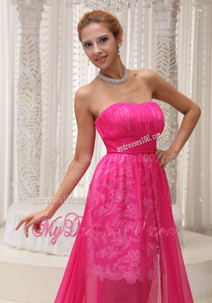 Hot Pink High-low Chiffon Dresses for Prom with Ruches and Appliques