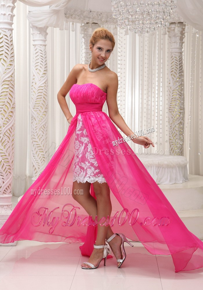 Hot Pink High-low Chiffon Dresses for Prom with Ruches and Appliques