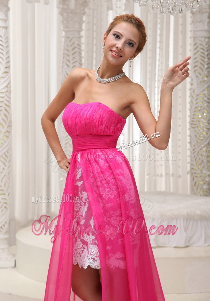 Hot Pink High-low Prom Dress For 2013 Ruched Bodice Chiffon Strapless Lace