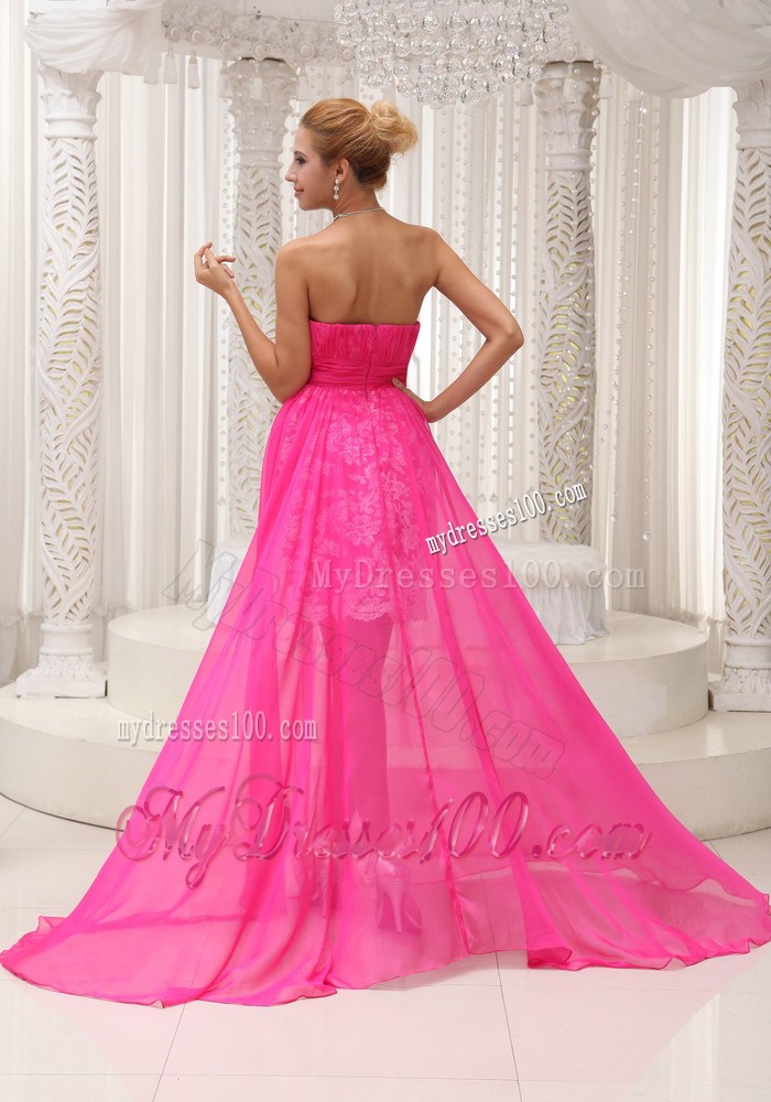 Hot Pink High-low Prom Dress For 2013 Ruched Bodice Chiffon Strapless Lace