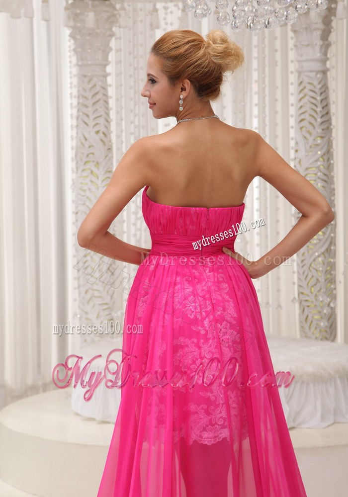 Hot Pink High-low Prom Dress For 2013 Ruched Bodice Chiffon Strapless Lace