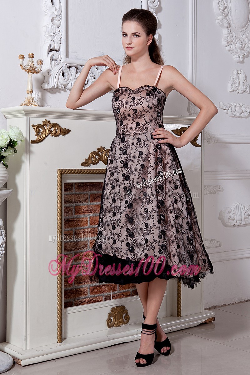 Spaghetti Straps Black Lace Chiffon Dresses for Prom of Tea-length Zipper-up