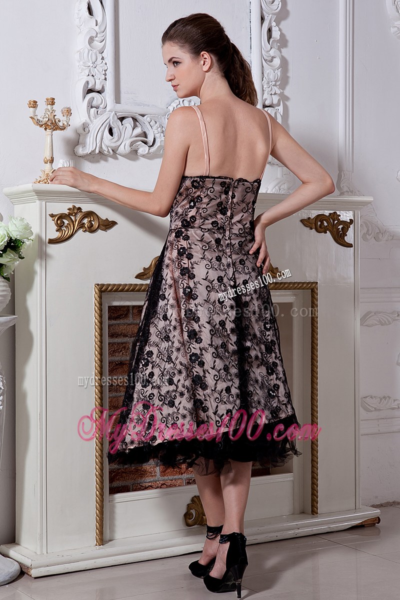 Spaghetti Straps Black Lace Chiffon Dresses for Prom of Tea-length Zipper-up
