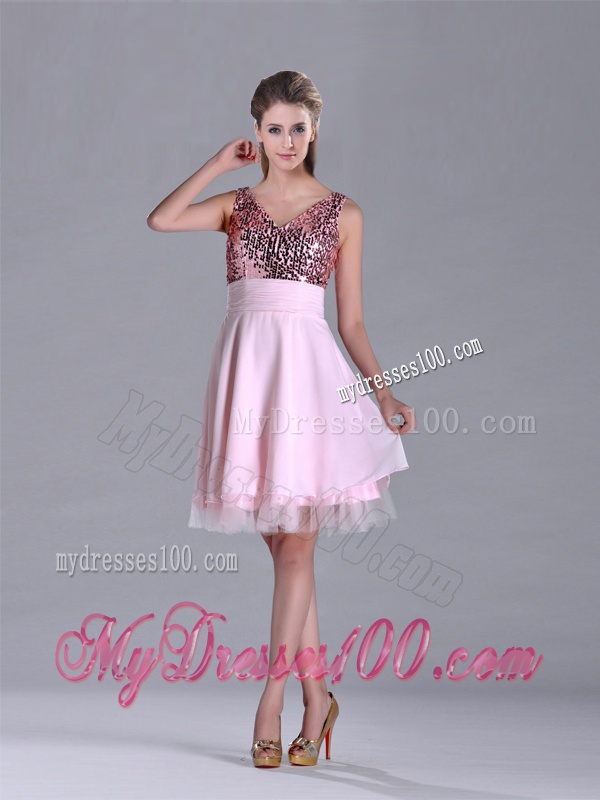 Latest V Neck Sequined Decorated Bodice Evening Dress in Baby Pink