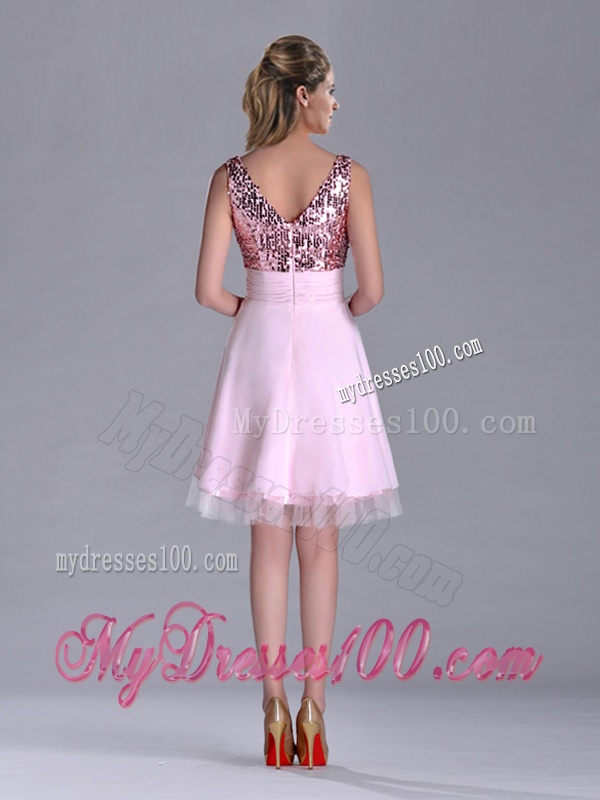 Latest V Neck Sequined Decorated Bodice Evening Dress in Baby Pink