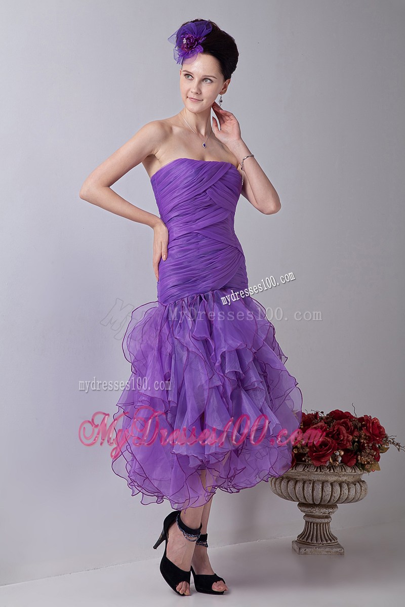 Lavender Mermaid Strapless Tea-length Organza Ruch Prom / Homecoming Dress