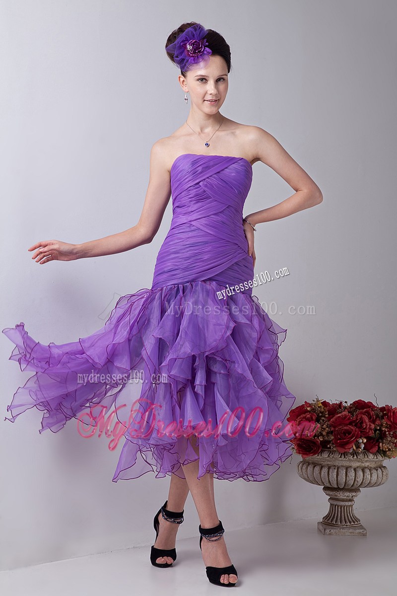 Ruches and Ruffles Decorate on Lavender Knee-length Organza Prom Gown