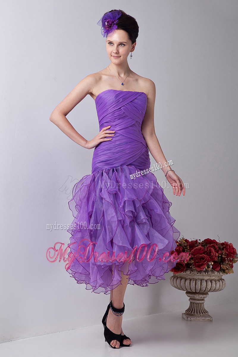 Ruches and Ruffles Decorate on Lavender Knee-length Organza Prom Gown