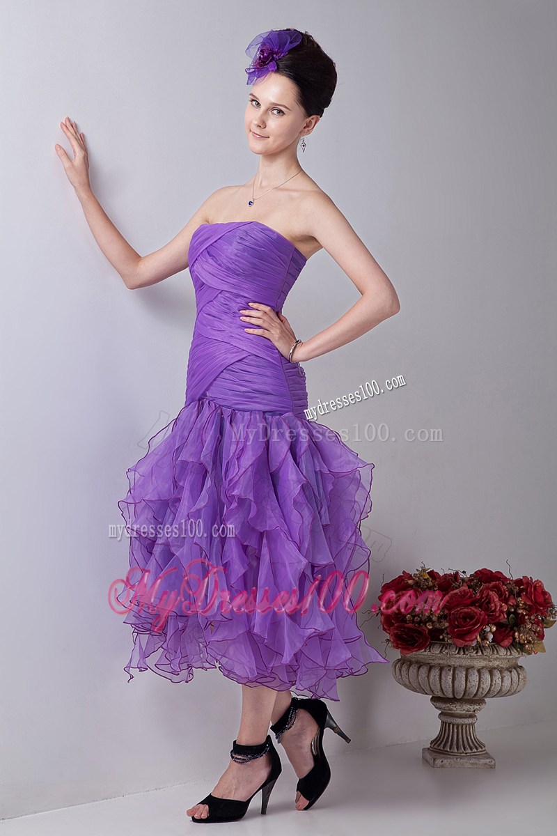 Ruches and Ruffles Decorate on Lavender Knee-length Organza Prom Gown