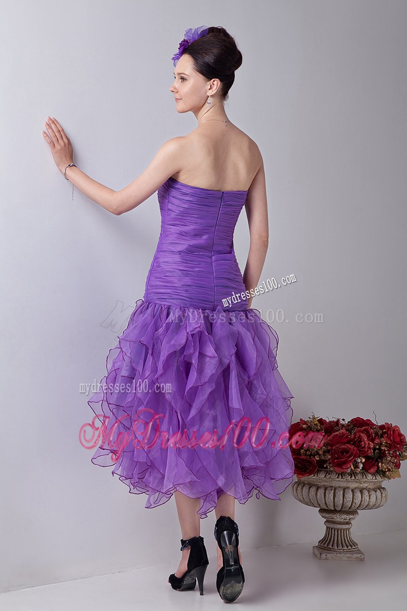 Lavender Mermaid Strapless Tea-length Organza Ruch Prom / Homecoming Dress