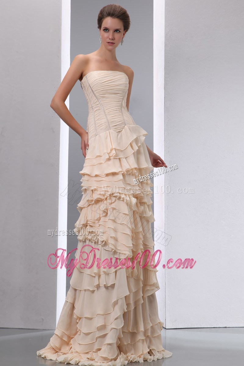 Champagne Strapless Floor-length Dresses for Prom with Ruches and Layers