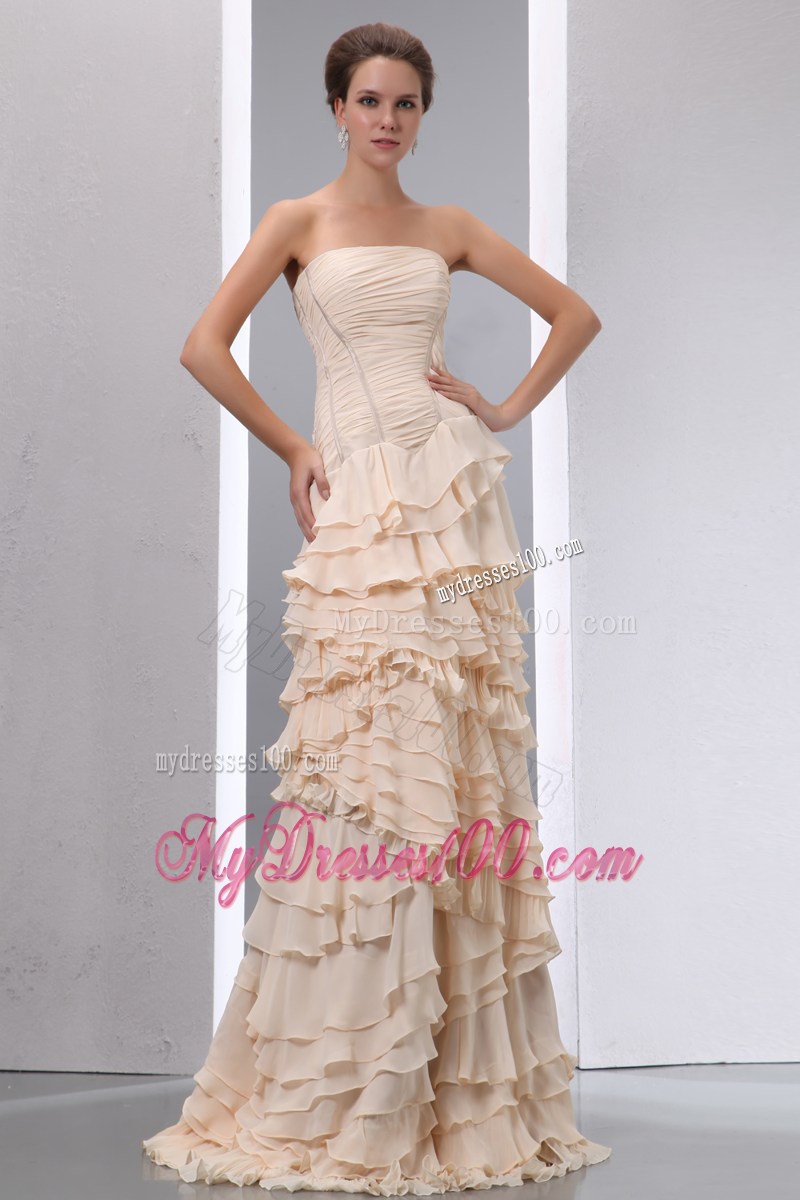 Champagne Strapless Floor-length Dresses for Prom with Ruches and Layers