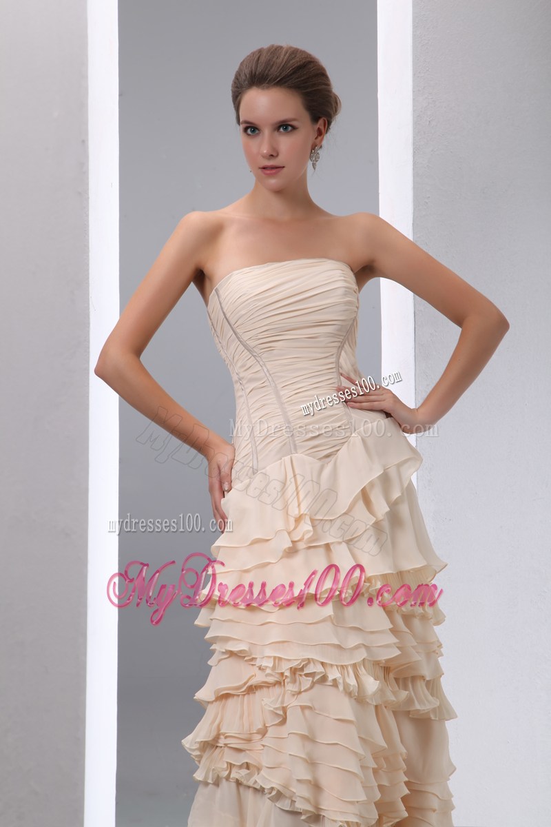 Champagne Strapless Floor-length Dresses for Prom with Ruches and Layers