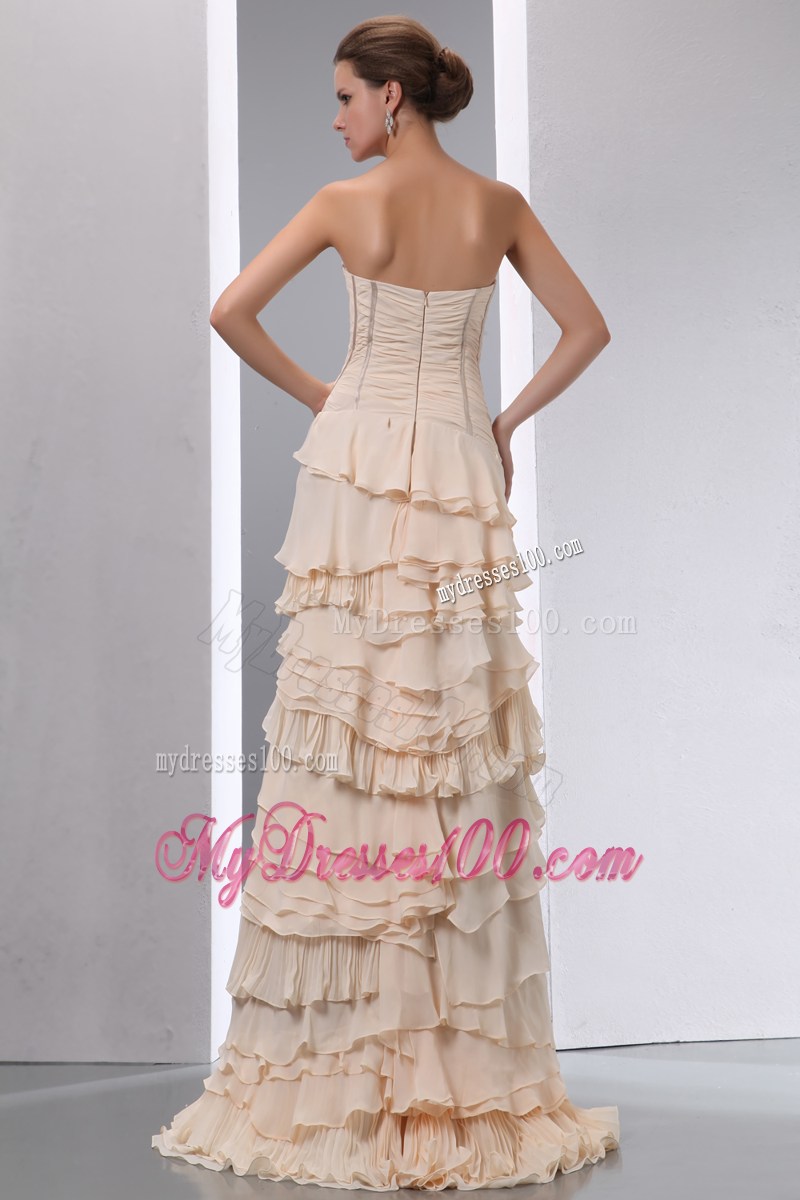 Champagne Strapless Floor-length Dresses for Prom with Ruches and Layers