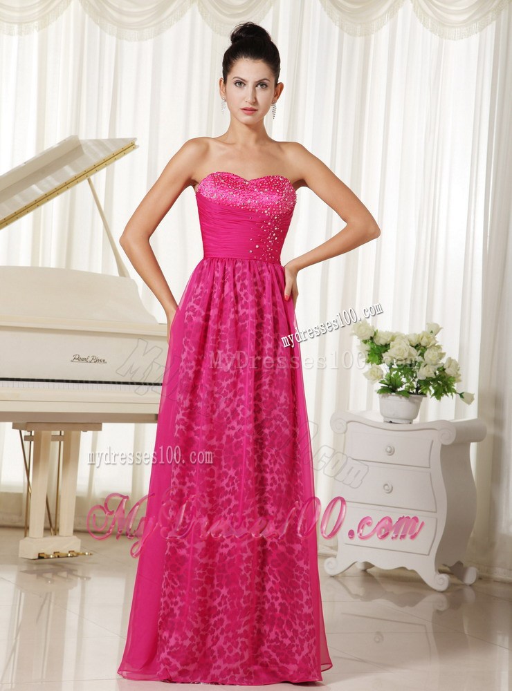 Leopard Print and Hot Pink Chiffon Prom Dress with Beading Floor-length
