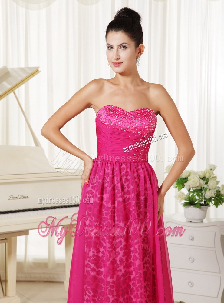 Leopard Print and Hot Pink Chiffon Prom Dress with Beading Floor-length
