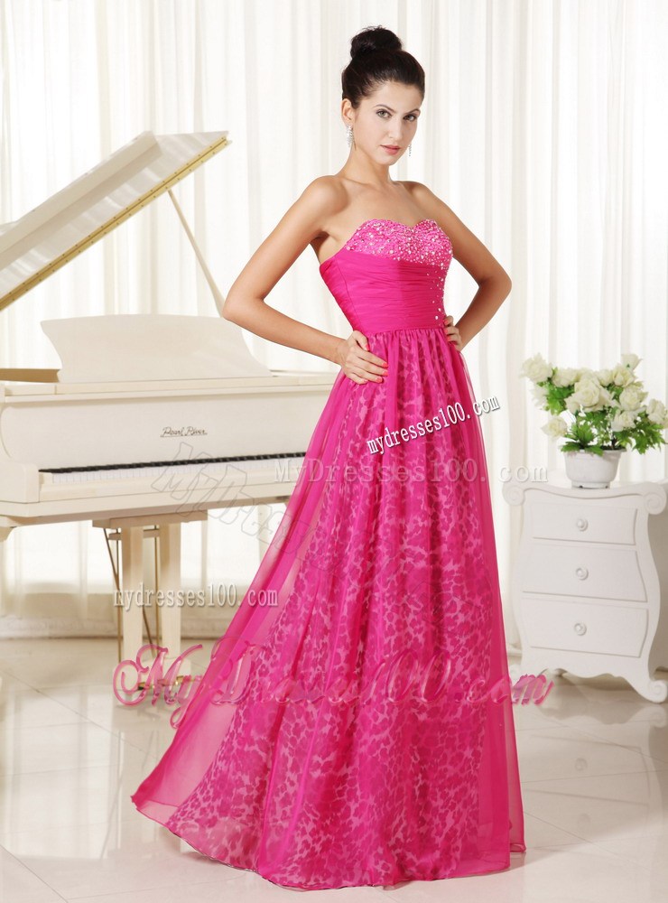Leopard Print and Hot Pink Chiffon Prom Dress with Beading Floor-length