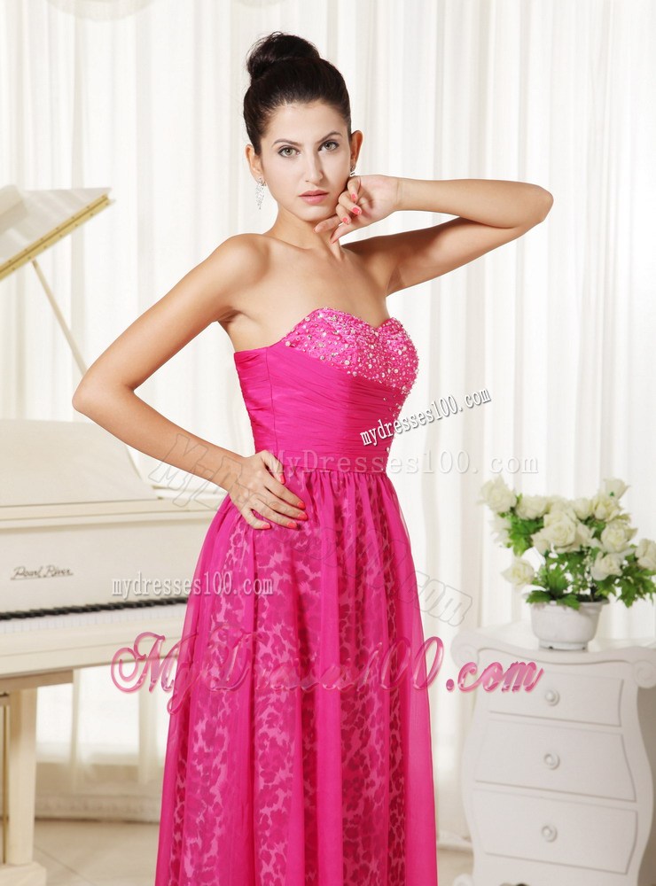 Leopard Print and Hot Pink Chiffon Prom Dress with Beading Floor-length