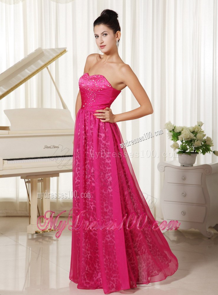 Leopard Print and Hot Pink Chiffon Prom Dress with Beading Floor-length