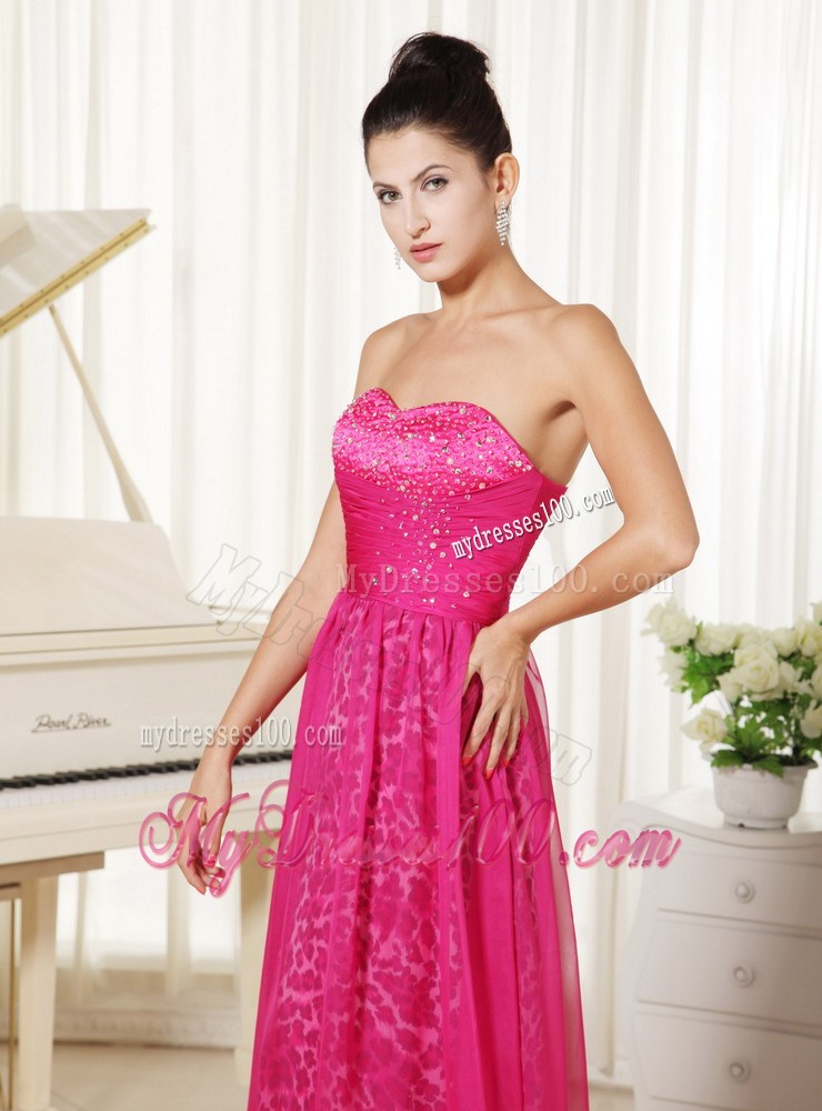 Leopard Print and Hot Pink Chiffon Prom Dress with Beading Floor-length