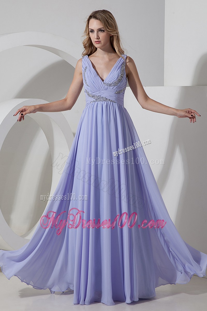 Lilac Empire V-neck Floor-length Chiffon Beading Prom Dress