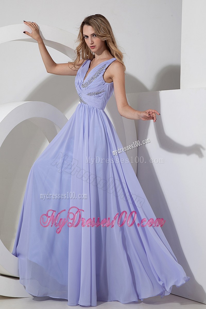 Beading and V-neck Accent Lilac Chiffon Gowns for Prom with Floor-length