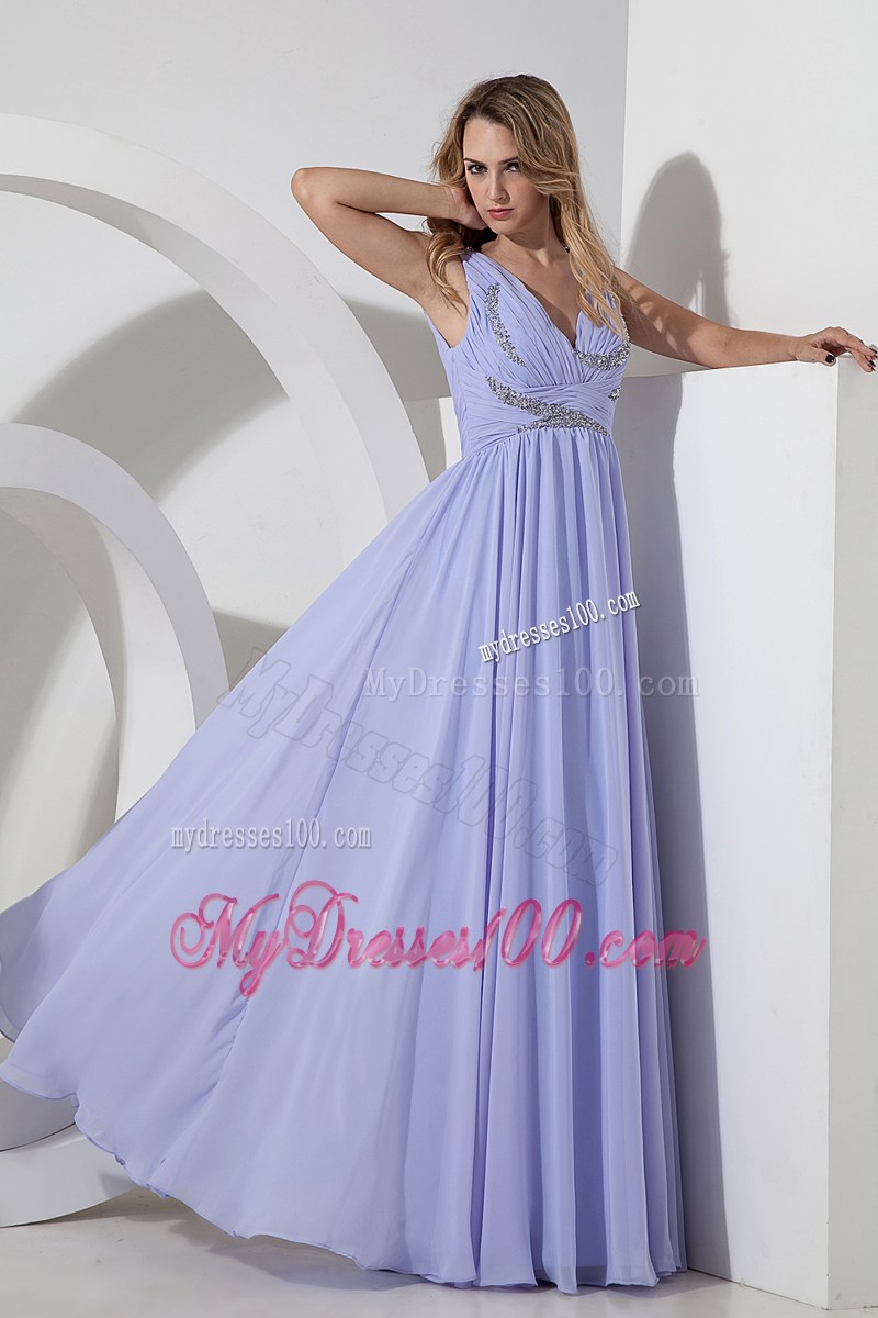 Beading and V-neck Accent Lilac Chiffon Gowns for Prom with Floor-length
