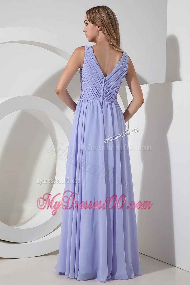 Lilac Empire V-neck Floor-length Chiffon Beading Prom Dress