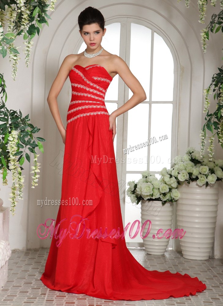 Hot on Sale Red Chiffon Sweetheart Beaded Dresses for Prom of Brush Train