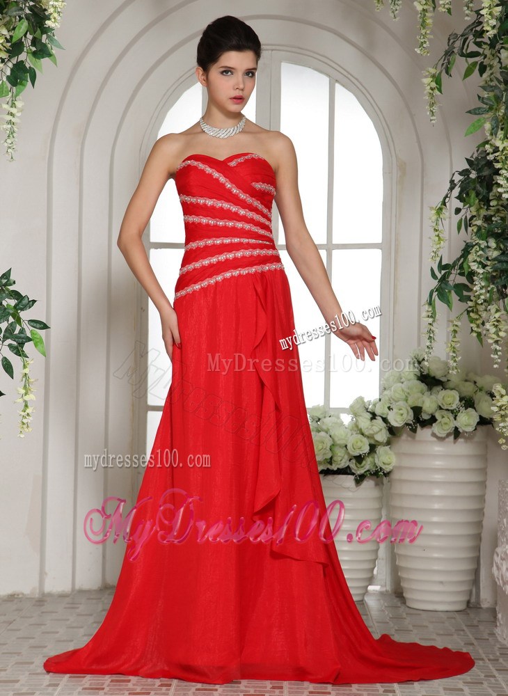 Hot on Sale Red Chiffon Sweetheart Beaded Dresses for Prom of Brush Train