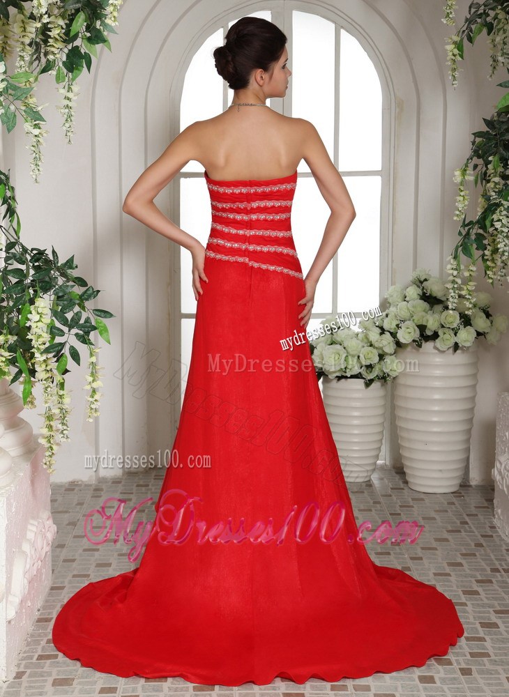 Hot on Sale Red Chiffon Sweetheart Beaded Dresses for Prom of Brush Train